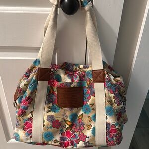 Malirona Cream and Brown Floral Tote Bag with Leather Patch. No shoulder strap.